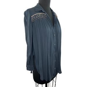 Anthropologie FLOREAT Gray Green Long Sleeve Beaded Button-Down Shirt Size XXS